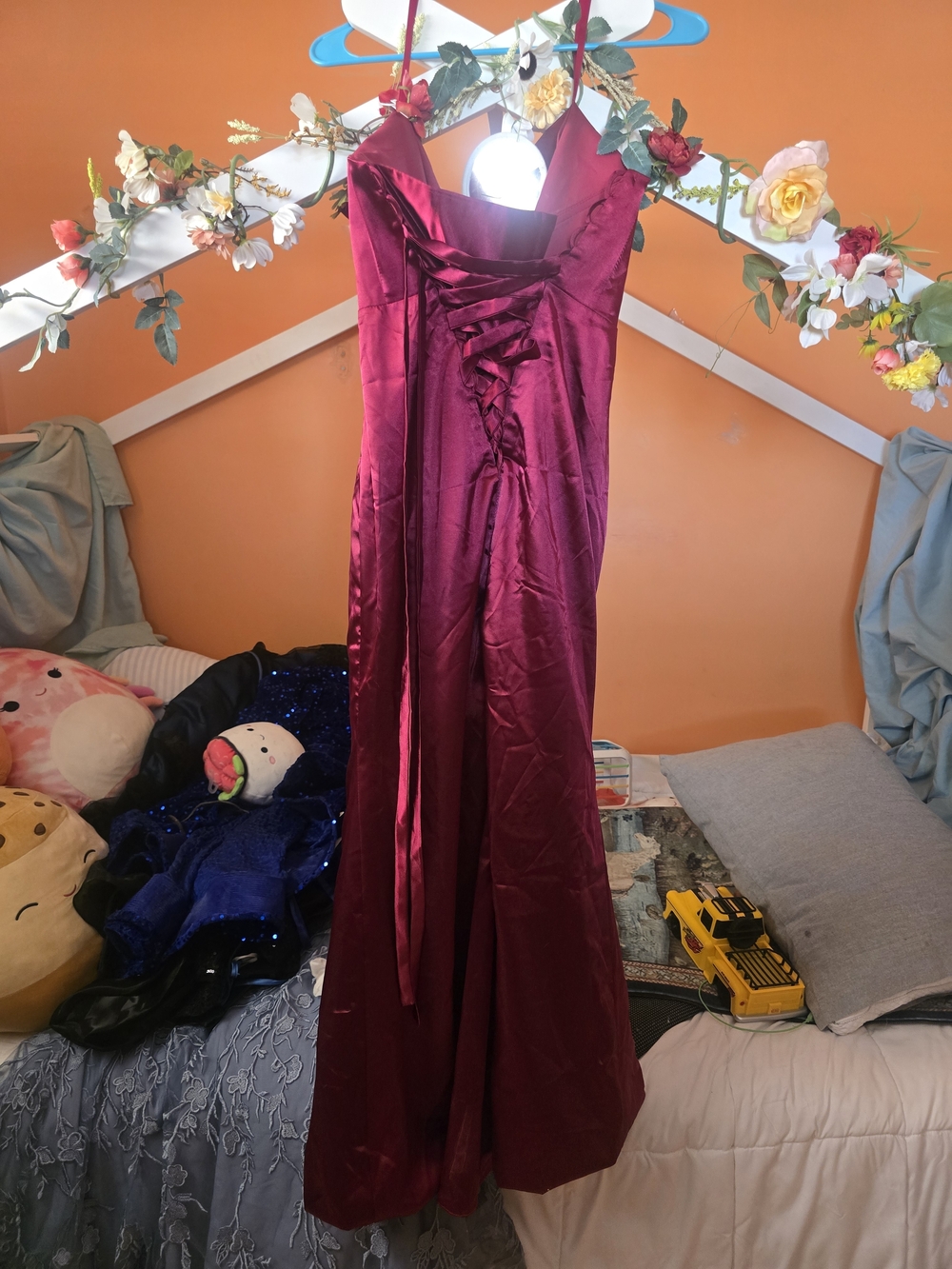 Wine Red Satin Lace-Up Evening Gown